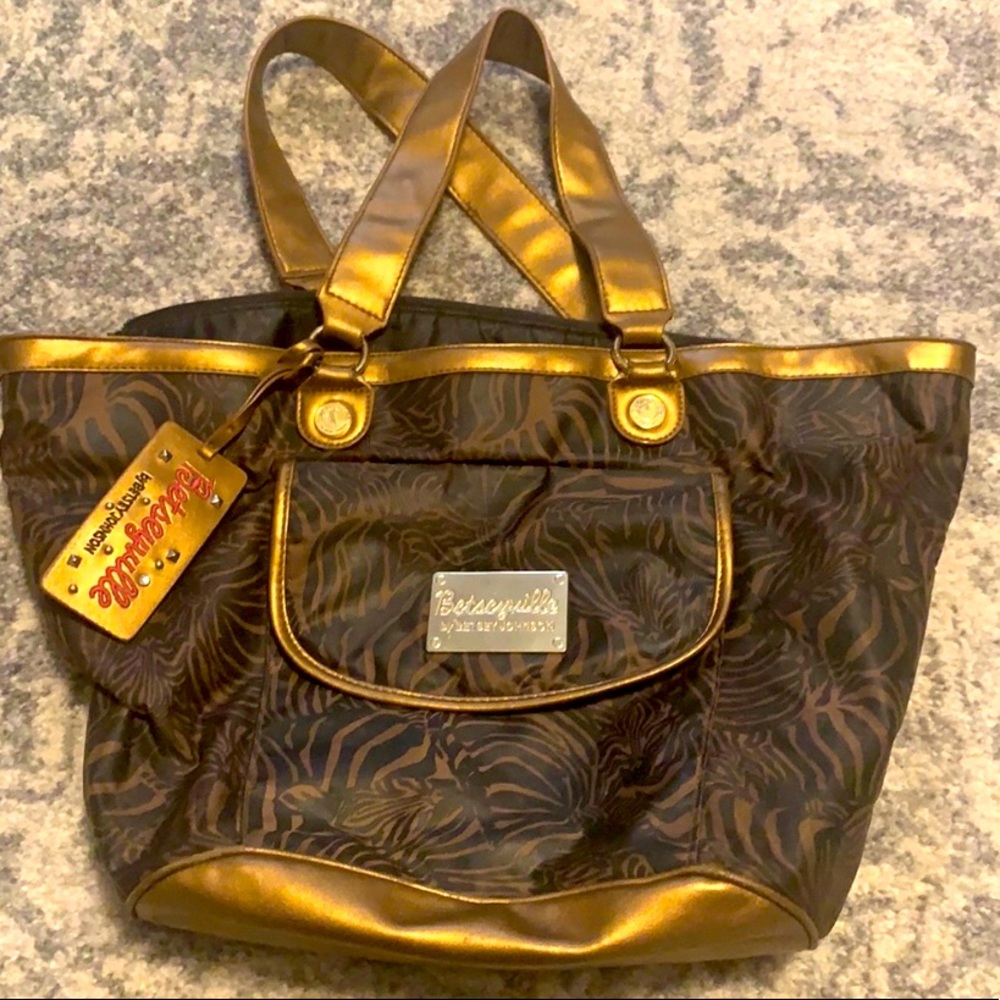 Vintage Betsey Johnson Black and Gold Nylon Tote